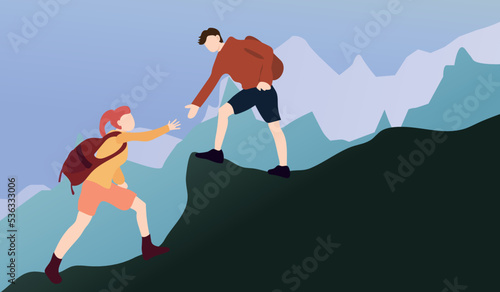 A man and a woman helping each other to up on the mountain in hiking activity, the concept of teamwork. Hand-drawn, vector illustration.