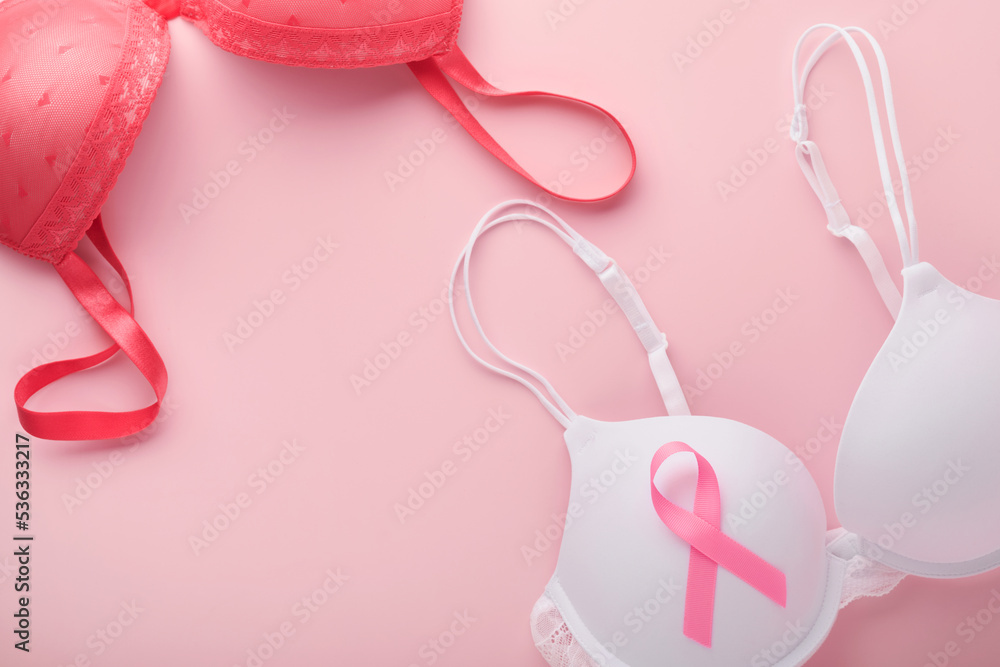 Breast Cancer Awareness Ribbon. White and red bra with pink ribbon tape  lying on female bra