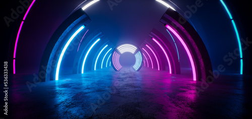 Fototapeta Naklejka Na Ścianę i Meble -  Dark tunnel, round arch with illumination of blue and purple light. Dark, long corridor, circle, neon light, rays. Abstraction night view. 3D rendering.