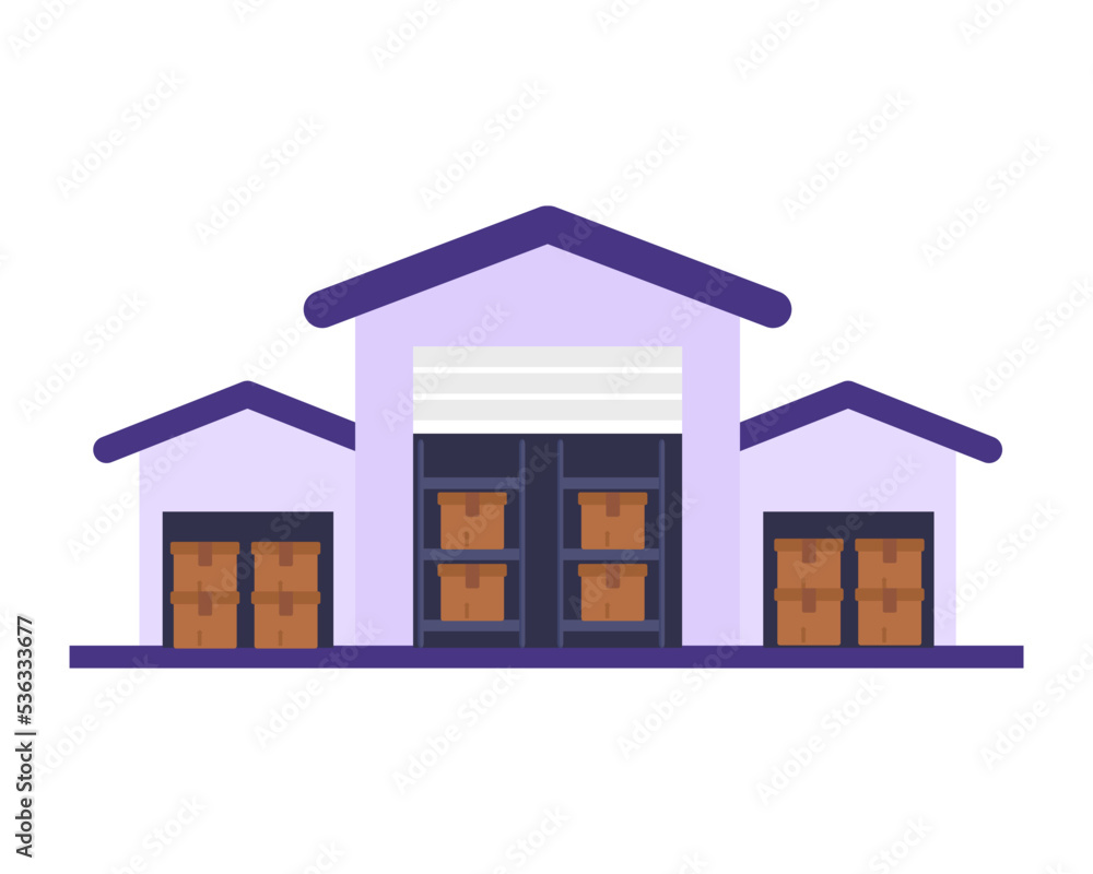Warehouse building the loader carries goods to the warehouse flat vector illustration Warehouse building the loader carries goods to the warehouse flat vector illustration