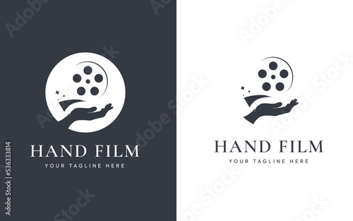 Creative logo design for movie and television industry. Unique symbol template with hand and film roll. Corporate icon identity