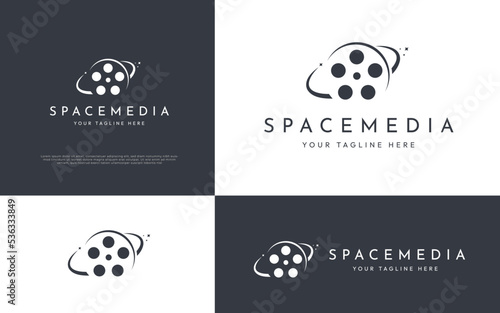 Creative logo design for movie and television industry. Unique symbol template with planet and film roll. Corporate icon identity