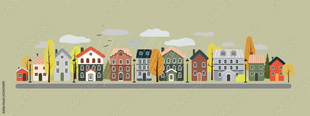 Autumn city. Rainy day in the city. Street with houses. Vector illustration in flat style.