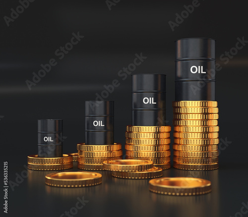 Black barrels of oil and stacks of gold coins, growth concept, 3d render