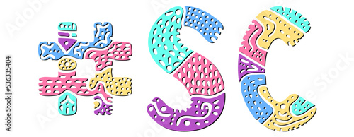SC Hashtag. Multicolored bright isolate curves doodle letters. Hashtag #SC is abbreviation for the US American state South Carolina for social network, web resources, mobile apps.