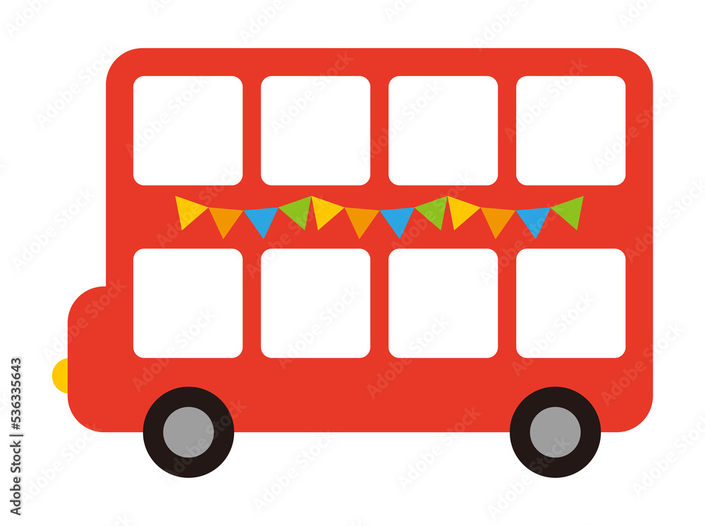 Illustration of a cute red travel tour bus in London, England. There is a garland of colorful flags, and the window is open. Illustration of a cute red travel tour bus in London, England. There is a garland of colorful flags, and the window is open.
