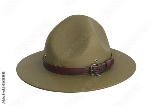 Scout hat, Ranger hat, green campaign hat with leather belt, 3d render photo