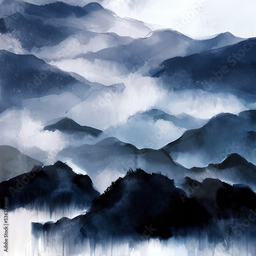 Ink illustration of mountains in the mist
