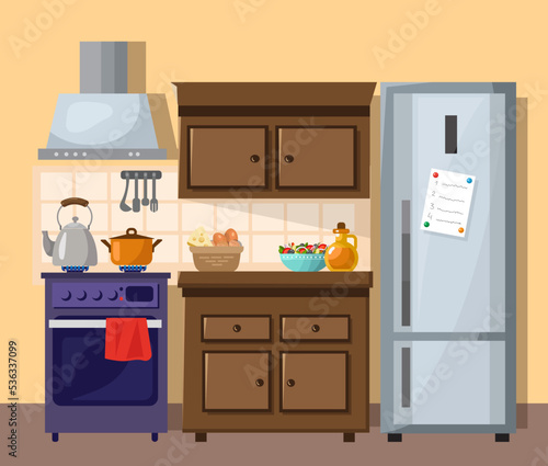 Home kitchen interior. Cozy kitchen. Kitchen in the house. Flat vector illustration.