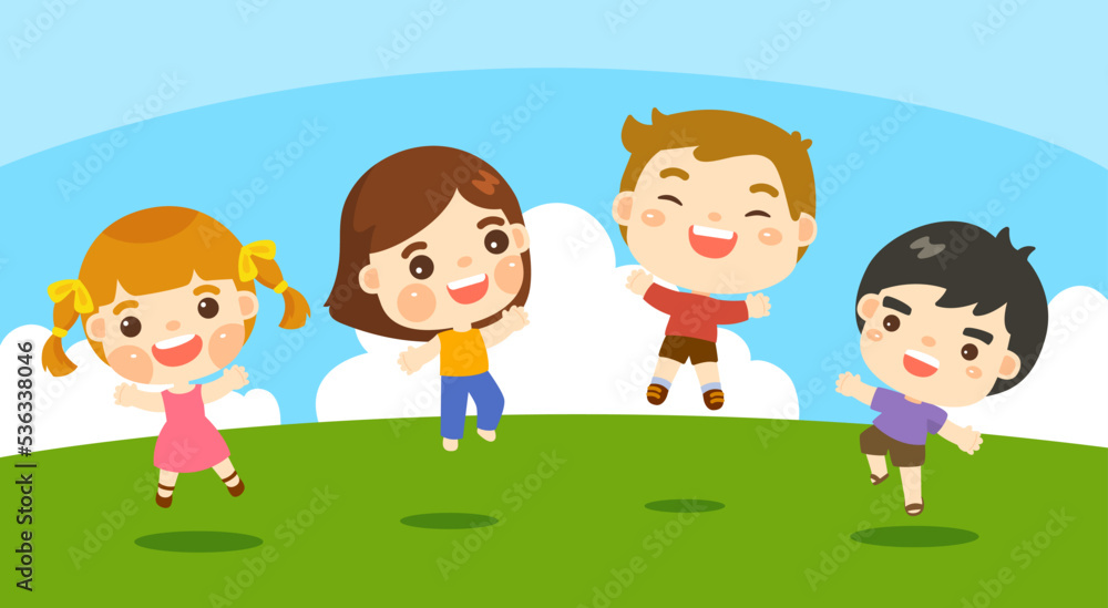 Illustration of Happy Kids Jumping on Blue Sky Green Field Smiling