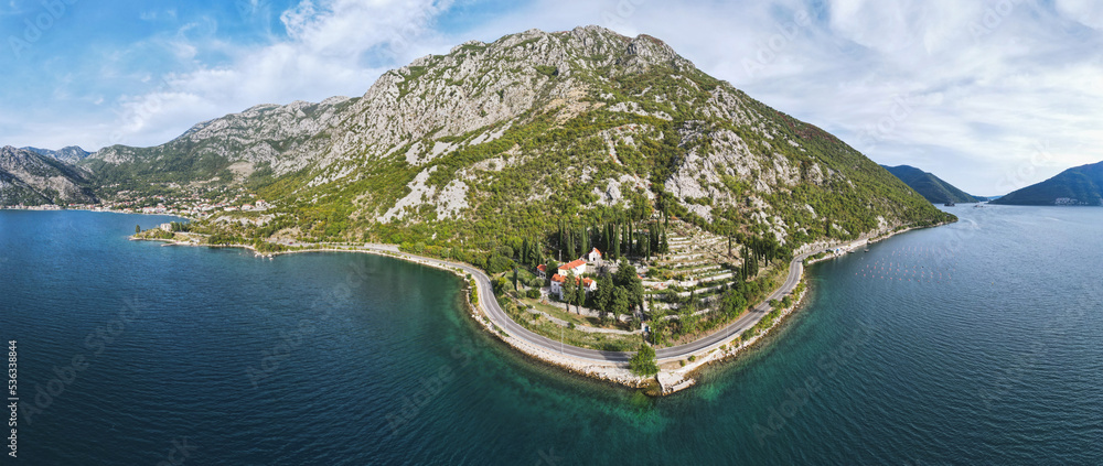 The Bay of Boka Kotorska - Montenegro. Aerial view of monastery  Banja  between the cities of Risan and Perast and Adriatic sea, Montenegro