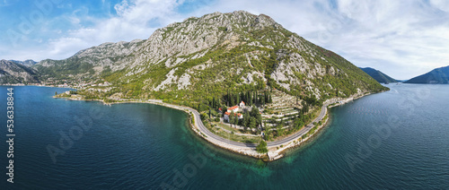 The Bay of Boka Kotorska - Montenegro. Aerial view of monastery  Banja  between the cities of Risan and Perast and Adriatic sea, Montenegro photo