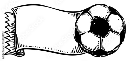 Soccer ball and serrated ribbon in hand drawn style, Vector illustration