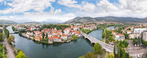 Aerial panorama  view of the Trebinje city and Trebisnjica river,  Republika Srpska, Bosnia and Herzegovina