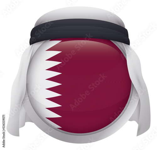 Button decorated with Qatar flag, silver frame and keffiyeh, Vector illustration