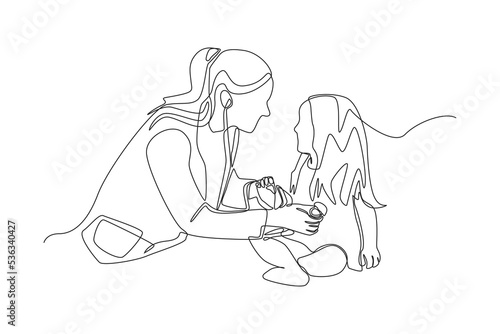 Continuous one line drawing female doctor examining a little girl by stethoscope. Doctor and Patient concept. Single line draw design vector graphic illustration.