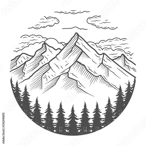 silhouette Mountain black and white, landscape, adventure and outdoor scene vector illustration