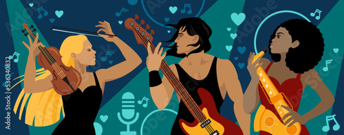 Music Festival. A musical trio perform on stage: a guy with a guitar, a girl on the violin and a saxophonist. Vector illustration.