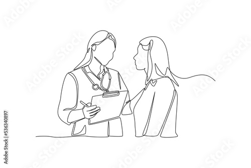 Continuous one line drawing Female Doctor explains medical record to girl patient. Doctor and Patient concept. Single line draw design vector graphic illustration.
