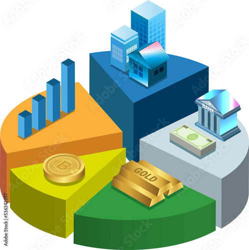 Rebalancing diversification investment on 3D pie graph. Financial allocation investment strategy and risk management on portfolio. photo