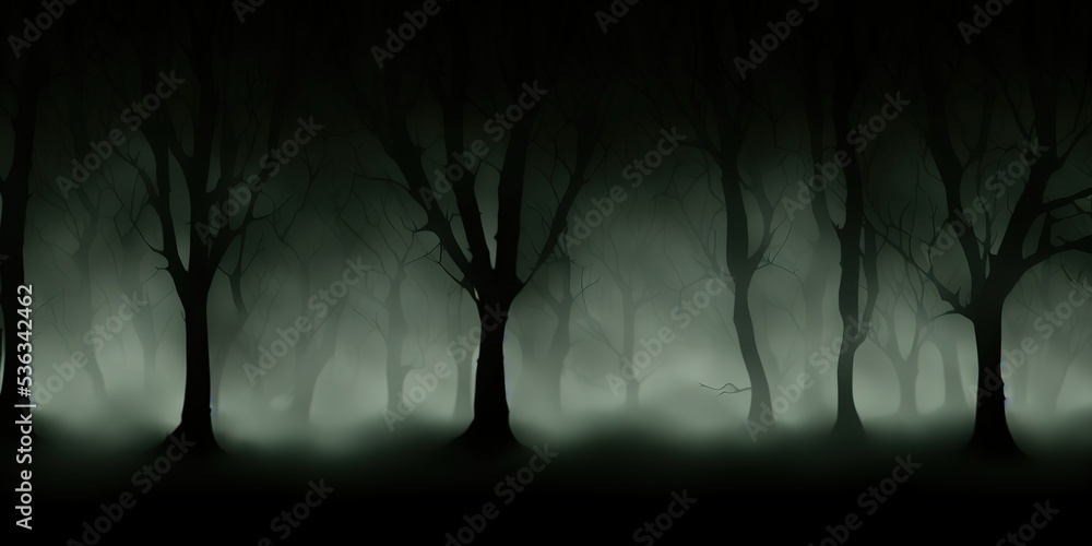 Obraz premium Silhouette illustration of trees in the dark scary woods, for Halloween theme or background. High quality Illustration