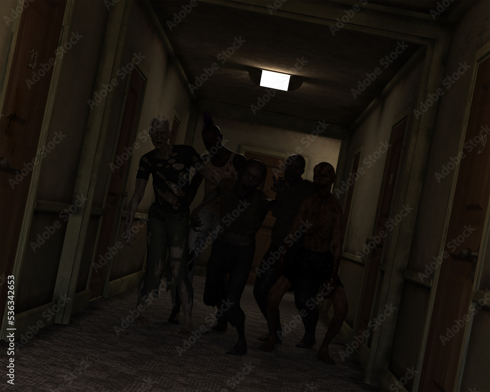 3d illustration of a group of Zombies shambling down a dingy apartment corridor