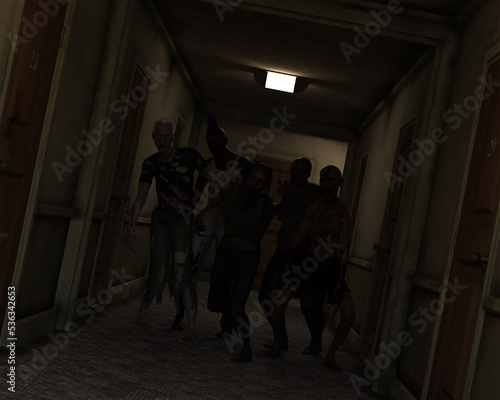 3d illustration of a group of Zombies shambling down a dingy apartment corridor