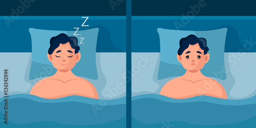 Healthy sleep and Insomnia. A sleeping and sleepless man with bags under his eyes. Vector illustration of a man in bed. Sleep disturbance. Flat style