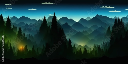 Dark landscape with mountains  sky and woods. Forest silhouette template . Panorama background. High quality Illustration