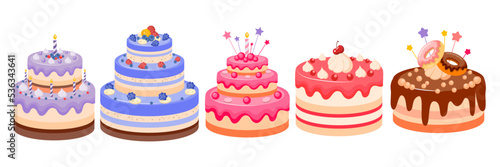 A Set  Collection  of Birthday Cakes. Festive Varied Sweet Dessert or Pastries. Vector