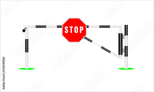closed barrier with stop sign. Striped closed barrier gate