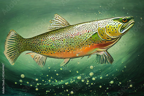Brown trout swimming, acrylic pour splash.