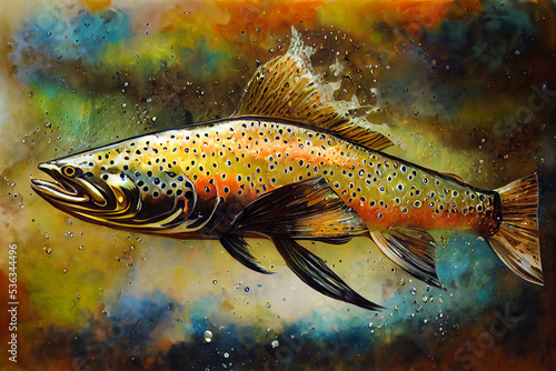 Brown trout swimming, acrylic  pour splash.