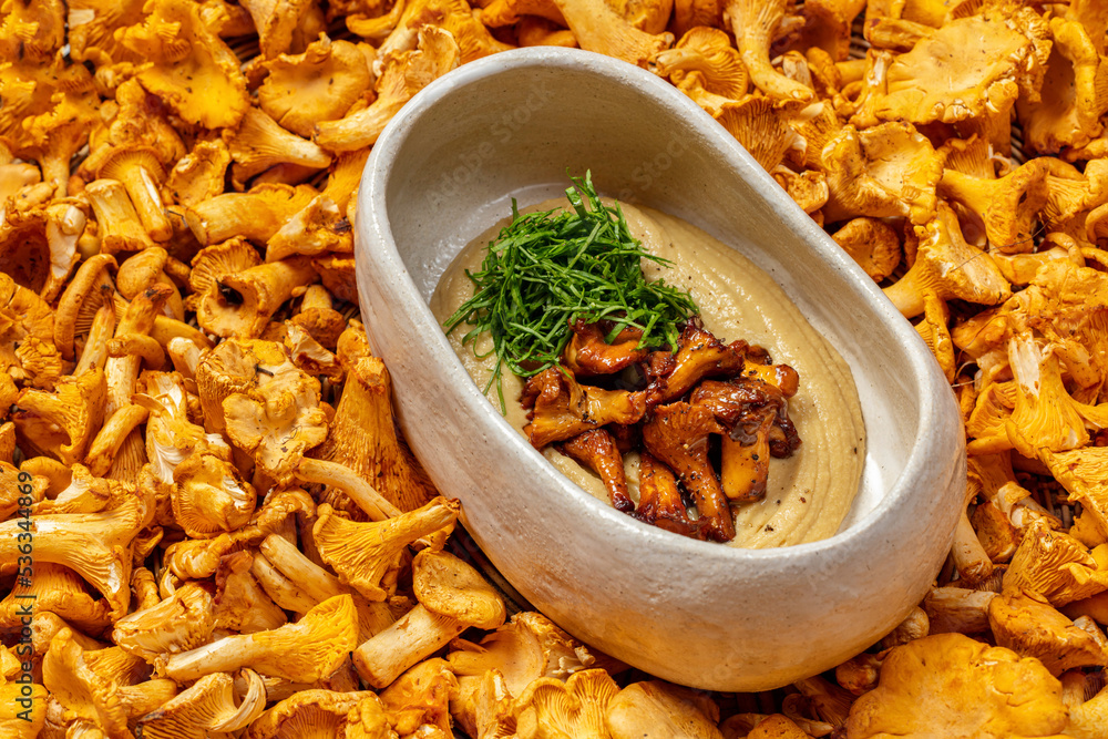 Fototapeta premium Hummus with fried chanterelle mushrooms.