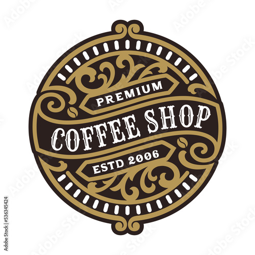 Coffee Shop Vintage Luxury Frame Logo Badge with Flourish Victorian Ornament