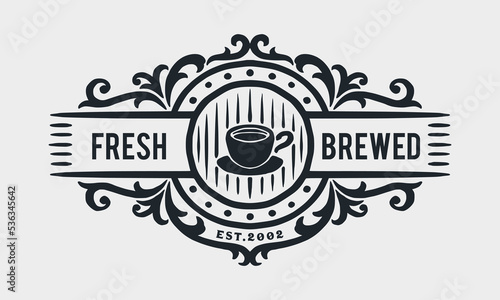 Coffee Shop Vintage Luxury Frame Logo Badge with Flourish Victorian Ornament
