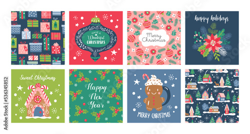 Christmas holiday greeting card set. Childish print for background, banner and  poster design template. Vector Illustration
