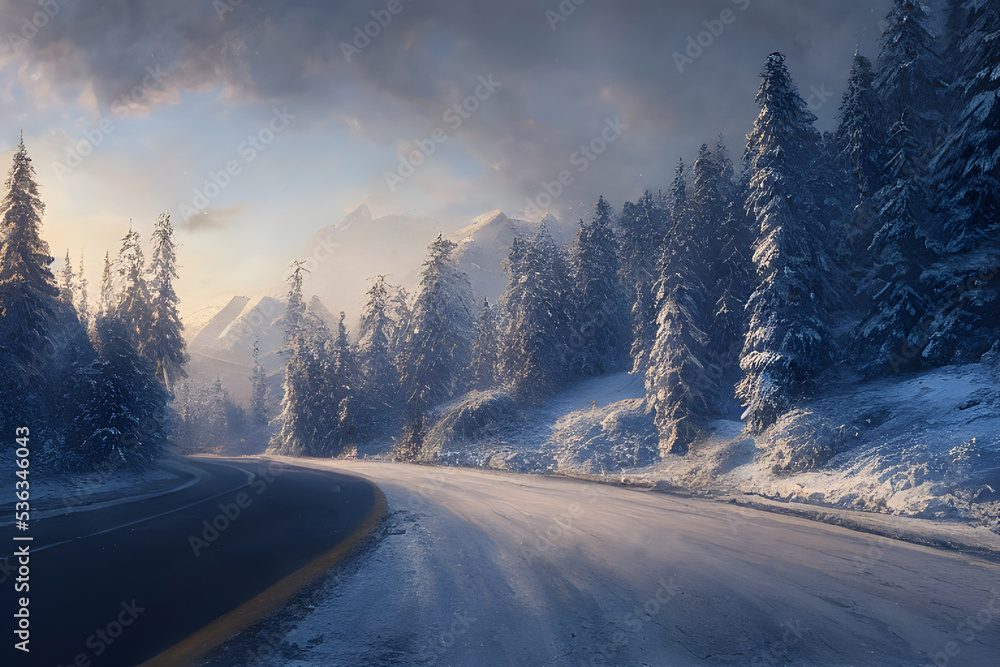 A winding road through a snowy winter landscape.	