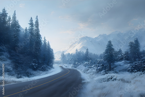 A winding road through a snowy winter landscape.  © ECrafts