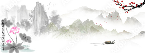 peaceful spring Chinese painting of mountains and rivers Clouds and pines High mountains of China	
 photo