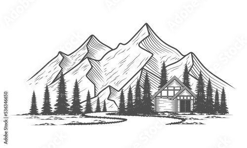 Silhouette of mountains, cabin and pine trees, outdoor scene vector illustration