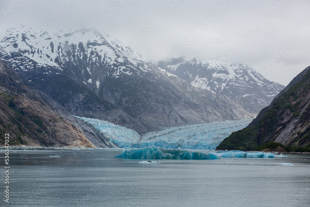 Chunks of ice float near the face of Dawes Glacier in Endicott Arm as seen from the water level