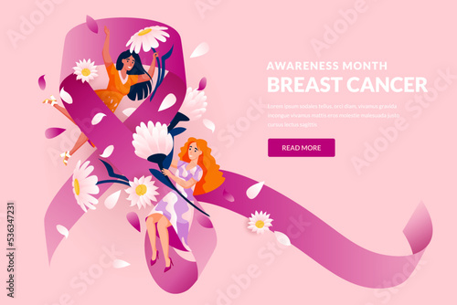 Breast Cancer Awareness month, support concept. Vector illustration. Pink ribbon and flying women with flowers