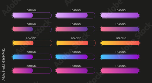Indicator of status download. Graphic icons of interface. Neon buttons of speed of upload. Color set of web loaders. Futuristic UI for website, game, internet.