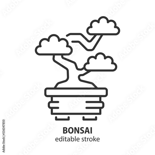 Traditional japanese bonsai line icon. Miniature tree in pot vector symbol. Editable stroke.