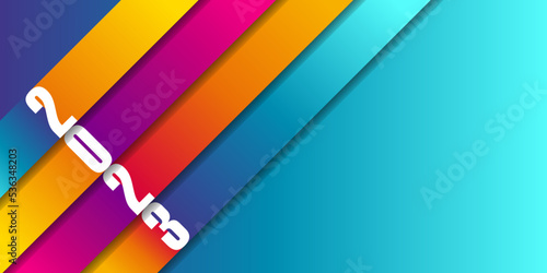 2023-Bannière géométrique pour le nouvel an avec un graphisme simple en biais et des couleurs dégradées vives.