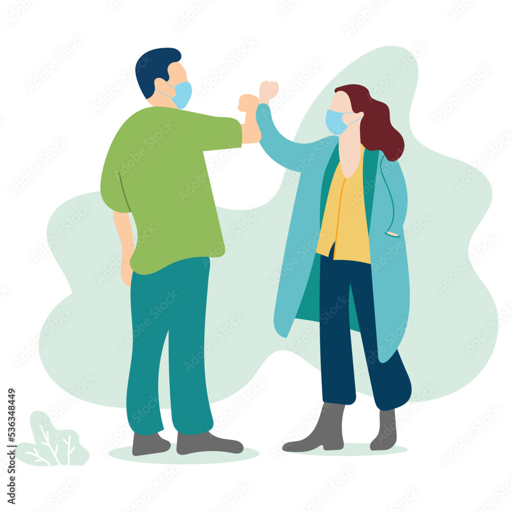 An alternative to a handshake, Men and women wearing health mask greet with their elbow bump during the coronavirus pandemic