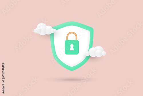 3d shield icon with padlock icon. Security data, safety, encryption, protection, privacy concept. 3d vector illustration.