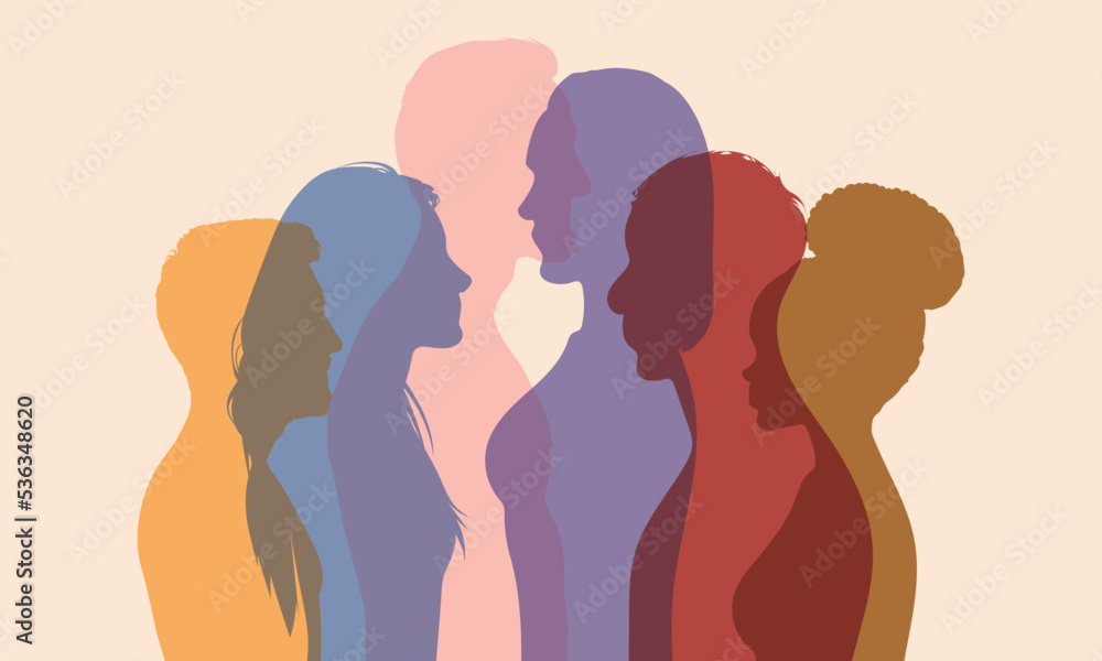 Abstract cartoon profile of a multicultural family. Friendship between multiethnic and multicultural families. Symbol of multiculturalism, community, and teamwork. Abstract cartoon profile of a multicultural family. Friendship between multiethnic and multicultural families. Symbol of multiculturalism, community, and teamwork.
