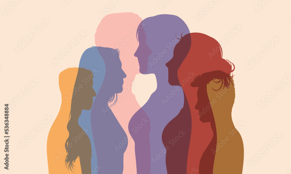 Flat cartoon portrait illustrating social pluralism and racial equality. Friendship and empowerment. People of diverse racial and ethnic backgrounds.